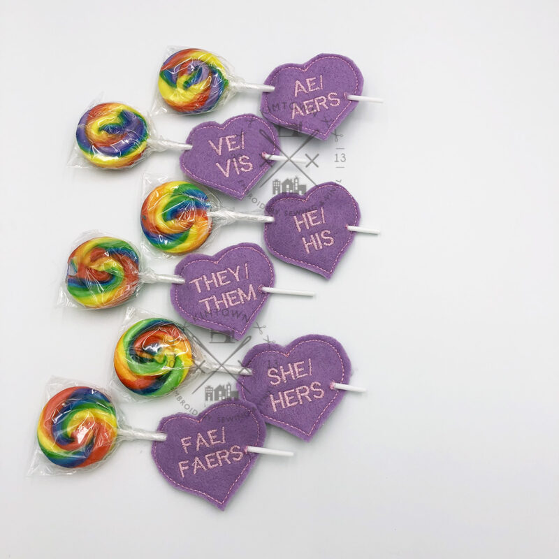 Gender Pronoun Set 1 Lollipop Holders Talking Hearts – ITH In the Hoop Machine Embroidery Design